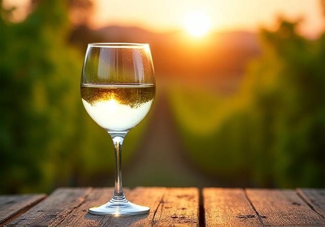 Ein Glas deutscher Weißwein vor einem Weinberg