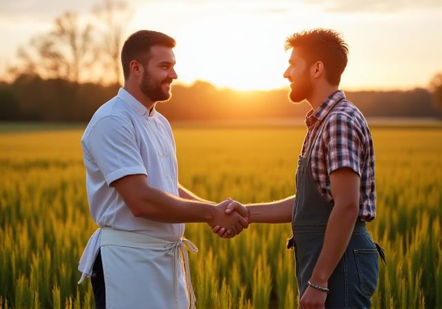 Chefkoch im Gespräch mit einem lokalen Landwirt auf einem Feld in Brandenburg