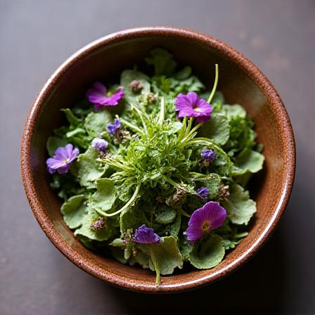 Detailaufnahme einer handgetöpferten Schale mit saisonalem Salat