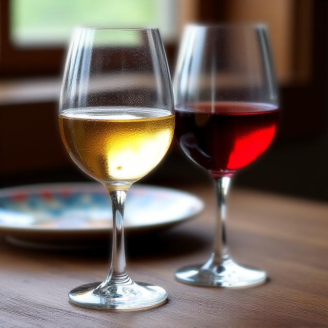Ein Glas Weißwein und ein Glas Rotwein nebeneinander in einer rustikalen Umgebung