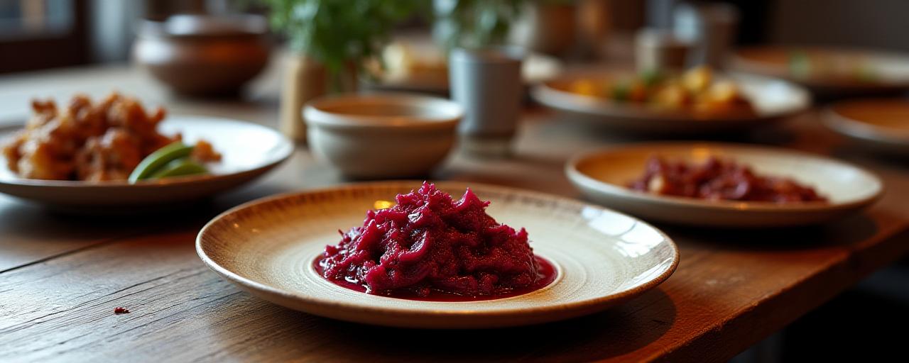 Rustikaler gedeckter Tisch mit Keramikgeschirr und Speisen